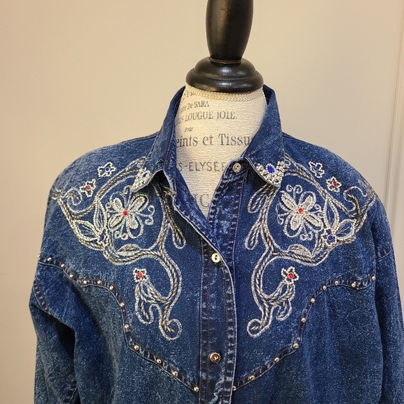 Vintage Brelly Bleu II Embroidered Denim Shirt Sz.1X Women's - Picture 2 of 8